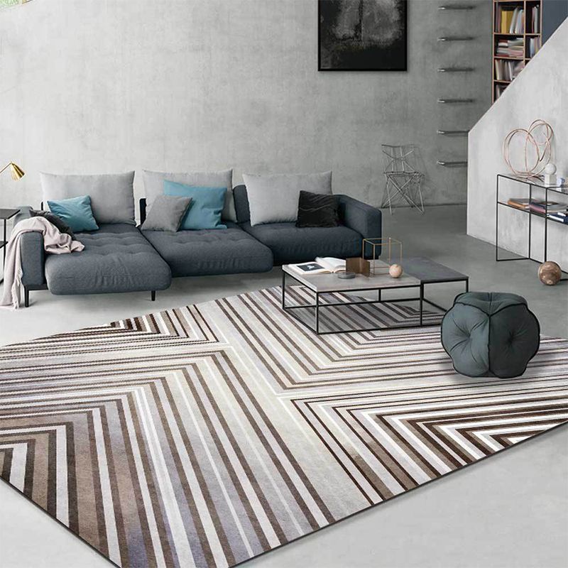 Grey Contemporary Rug Polyester Striped Pattern Rug Washable Non-Slip Backing Carpet for Living Room