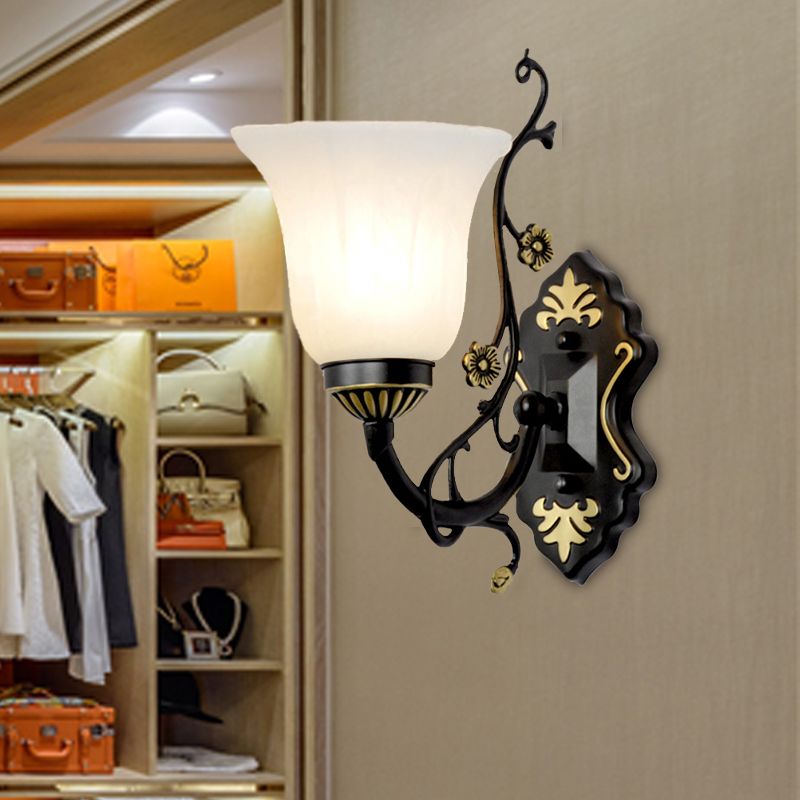 Bell Living Room Wall Light Sconce Vintage Style Metal 1/2 Lights Black Wall Lamp with White Glass Shade