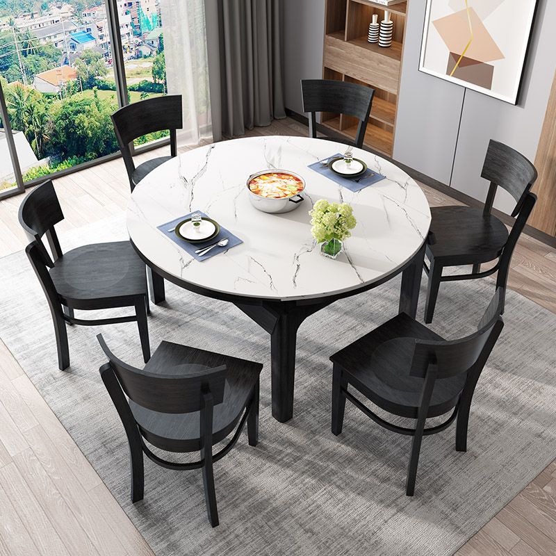 Round Contemporary Dining Table Sintered Stone Table with 4 Black Ash Solid Wood Legs
