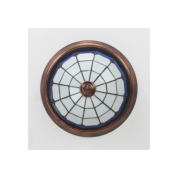 Industrial Vintage Dome Shape Flushmount Ceiling Light Stained Glass 1 Light Flush Mount Ceiling Fixture in White/Clear/Blue