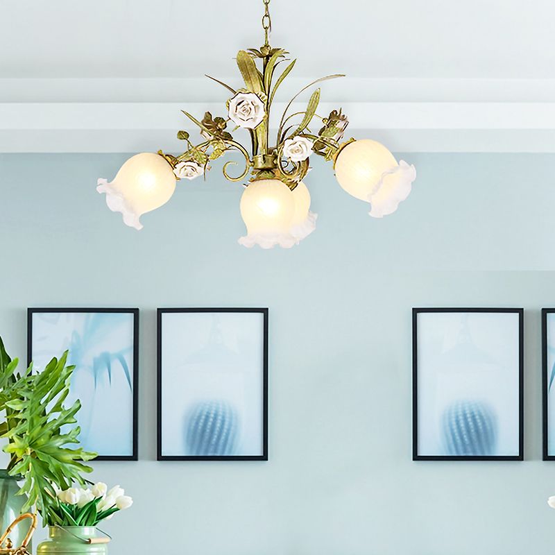 Cream Glass Green Chandelier Lighting Flower 4/7/9 Bulbs Romantic Pastoral Drop Pendant for Living Room