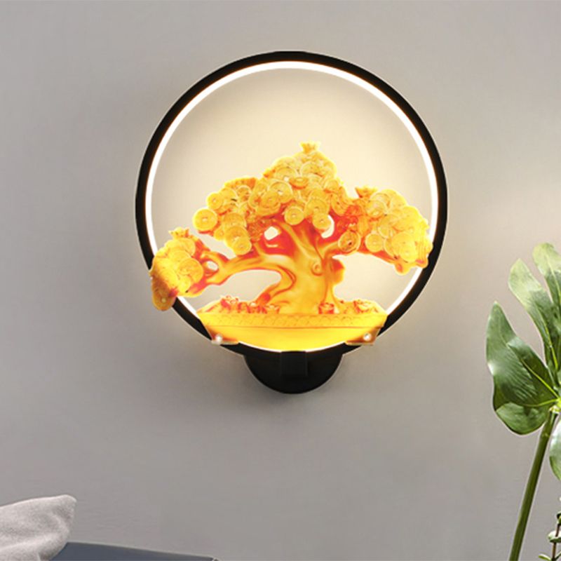 Circulaire Automne Tree Mattered Mural Light Oriental Metal LED Halway Murd Murd Murd Aymat en blanc / noir pour le côté droit / gauche