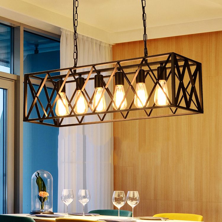 Rectangular Shape Pendant Light Modern Style Metal 4/6 Lights Hanging Lamp in Black