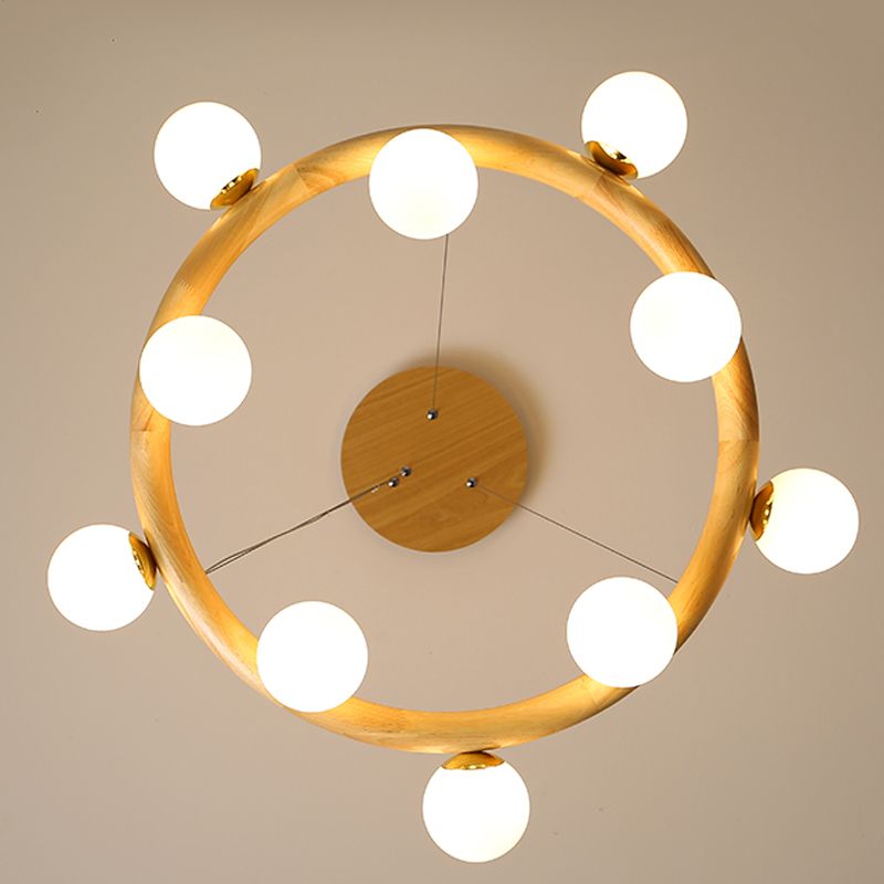 Modern Creative Chandelier Wooden Globe Pendant Light with White Glass Shade