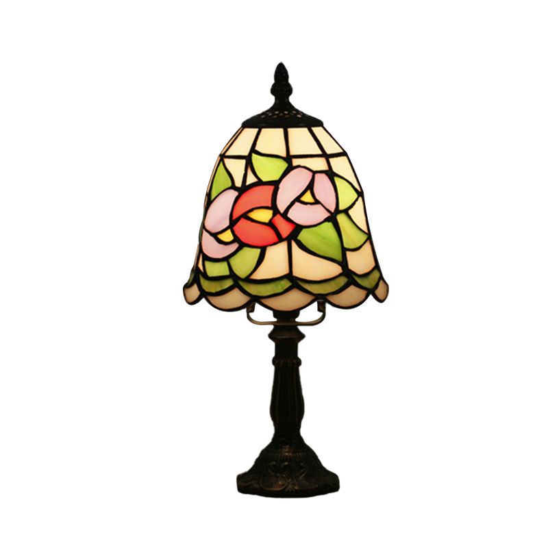 Stained Glass White/Red Night Light Conical/Flared 1-Head Mediterranean Table Lighting with Floral Pattern