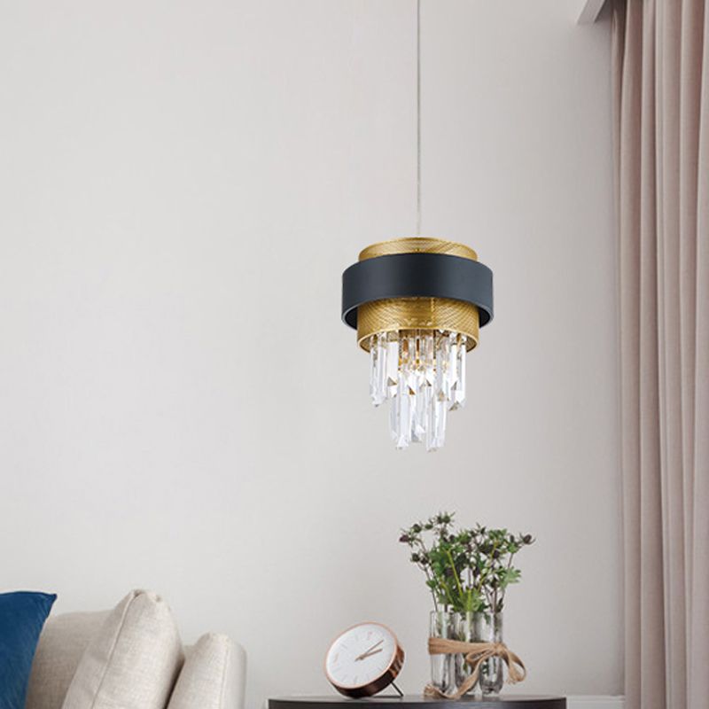 Retro -Schichthänge -Lampe 1 Glühbirnenkristallstangenhängung Beleuchtung mit schwarzer und goldener Kreisschutz