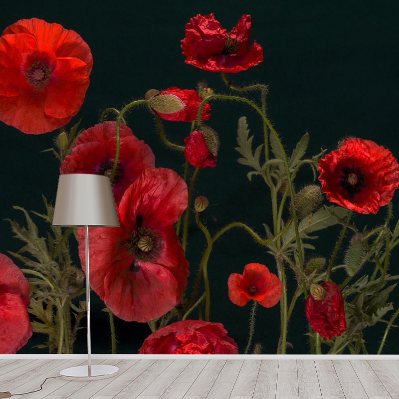 Customized Blooming Poppies Mural Wallpaper Contemporary for Guest Room Decor