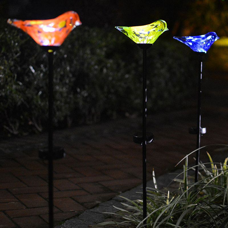Bird Garden Decoration Stake Lamp Blue/Yellow/Orange Glass Modernist LED Solar Path Light in Black
