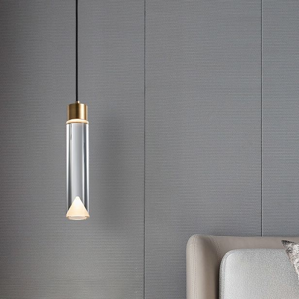 Modern Luxury Cylindrical Pendant Light Copper Indoor Hanging Lamp with Crystal Shade