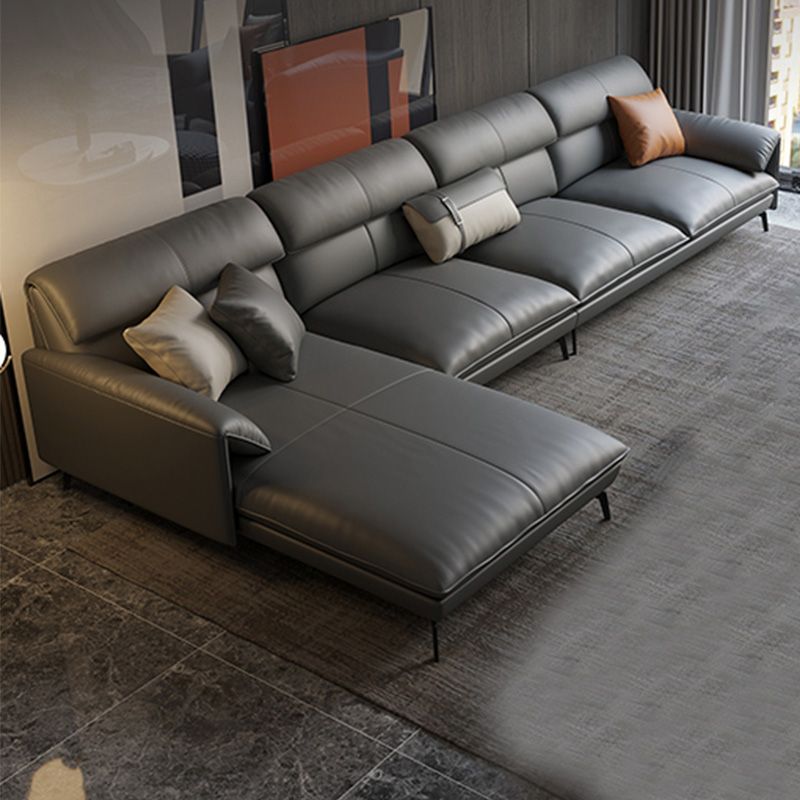 Genuine Leather Sectional Dark Gray Pillow Top Arm Sectional for Living Room