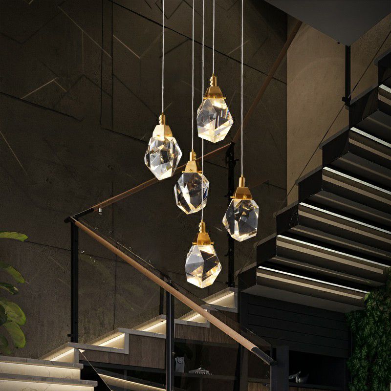 Crystal Gem Cluster Light Light Minimalistic Ottone LED Pendulum Light for Staircase