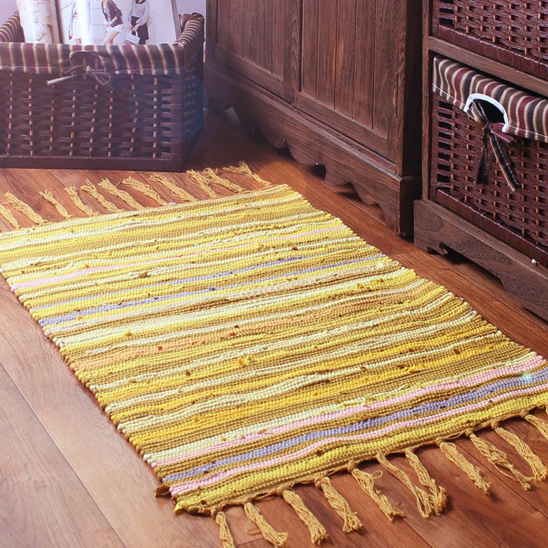 Bohemian Bedroom Rug Multi Colored Striped Pattern Area Rug Cotton Easy Care Washable Carpet with Tassel