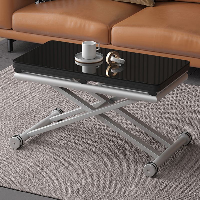 8.6"H Modern Metal Cross Base Glass Rectangular Adjustable Coffee Table