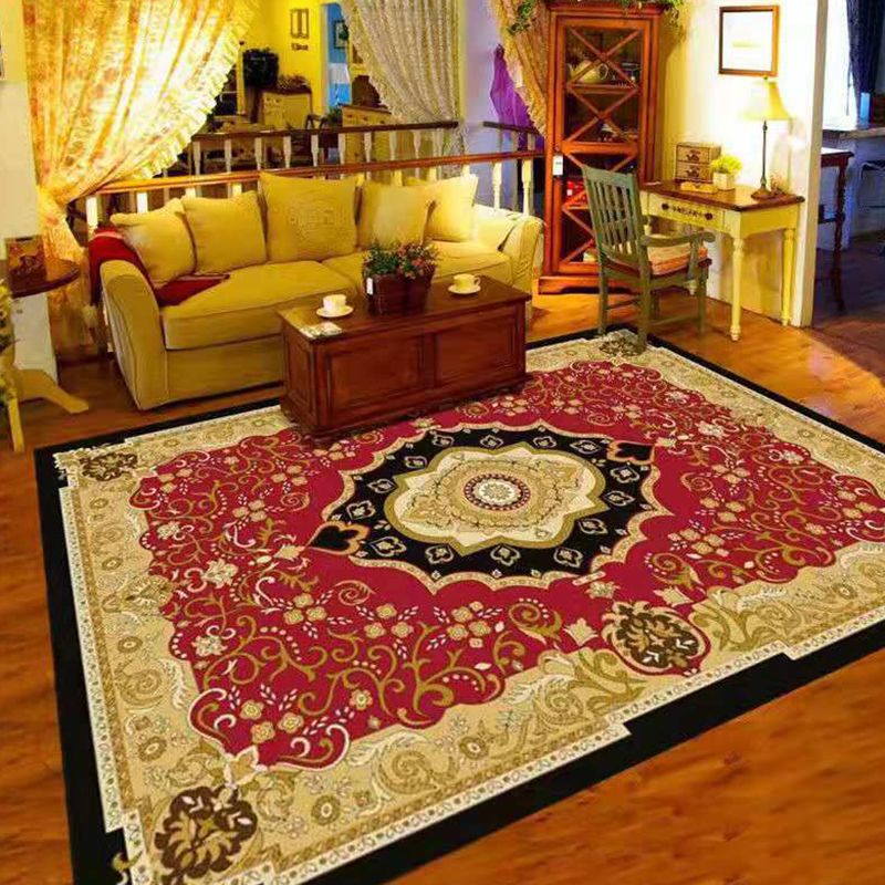 Wine Red Graphic Rug Polyester Luxury Rug Stain Resistant Rug for Drawing Room