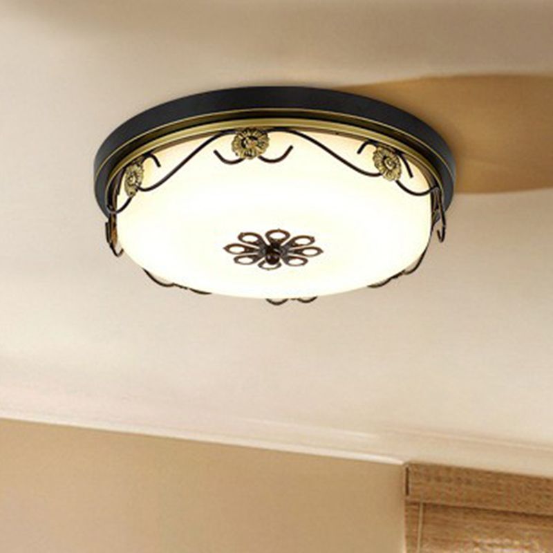 Rustikale trommelförmige LED Flush Licht Opal Glas Flush Deckenleuchte mit Dekorative Blume