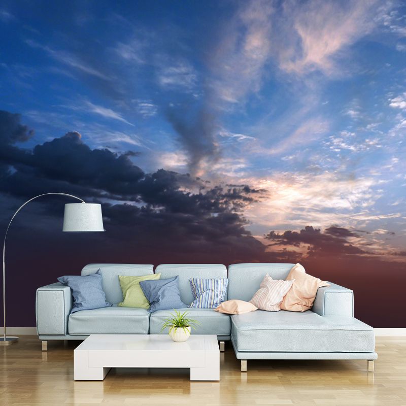 Big Sunset at Desert Mural Indoor Cloud Movement Wall Decor in Sky Blue-White, Washable