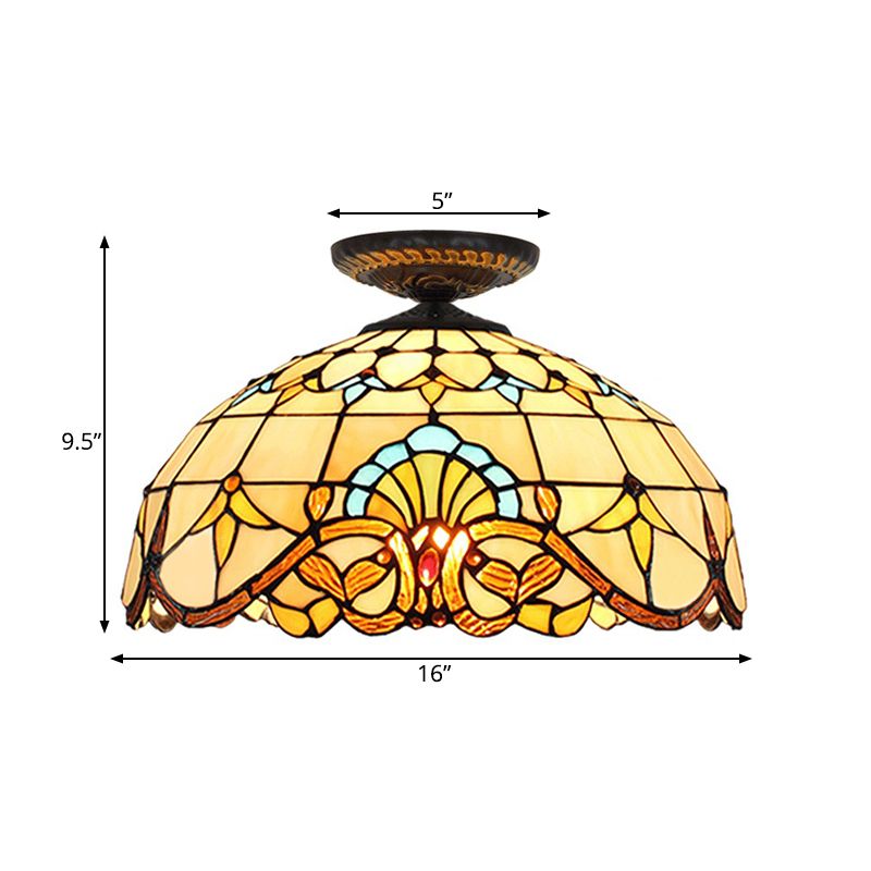 Yellow/Blue 1 Bulb Flush Mount Lighting Tiffany Hand Rolled Art Glass Floral Close to Ceiling Light, 12"/16" W