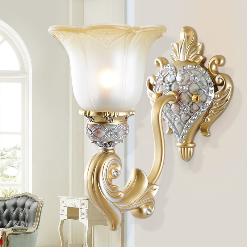 Single Head Flower Wall Light Warehouse White Frosted Glass Wall Lighting Idea with Heart Shape Resin Canopy