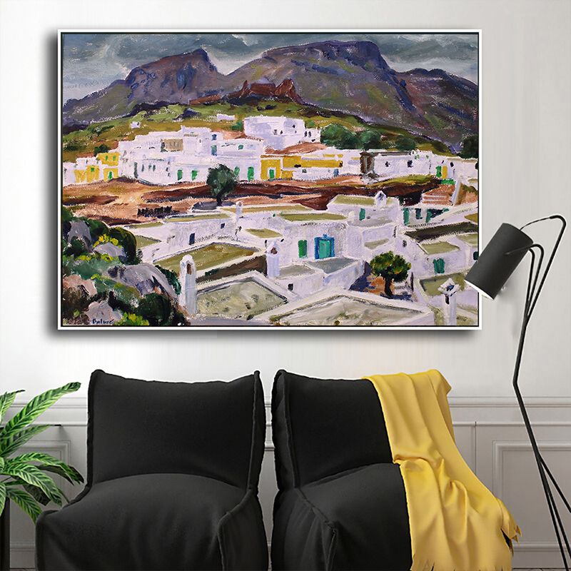 Town Aerial View Painting Textured Farmhouse Dining Room Canvas Wall Art in Brown