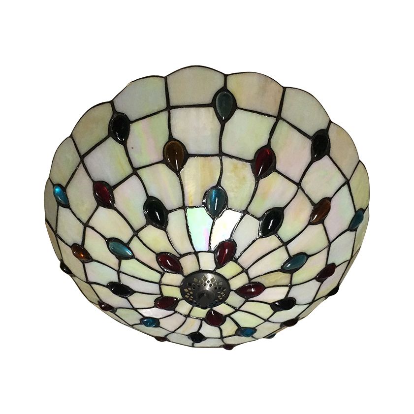 12/16/19.5-Inch Wide Bowl Ceiling Light Retro Style Stained Glass 1/2/3 Light Jewel Flushmount Ceiling Light in Beige/White/Yellow