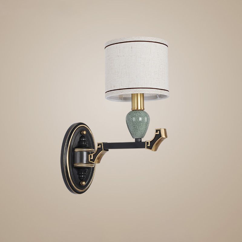 1/2-Bulb Wall Mounted Light Traditional Drum Fabric Wall Sconce Lighting in Black for Bedroom