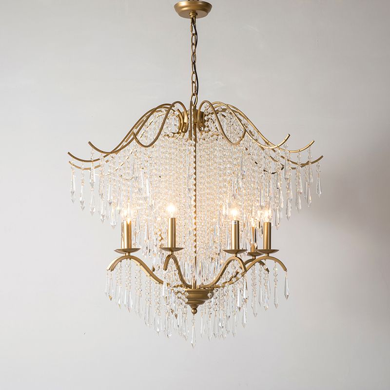 Candle Chandelier Light Fixture Traditional Gold Clear Crystal Tassel Hanging Light Fixture