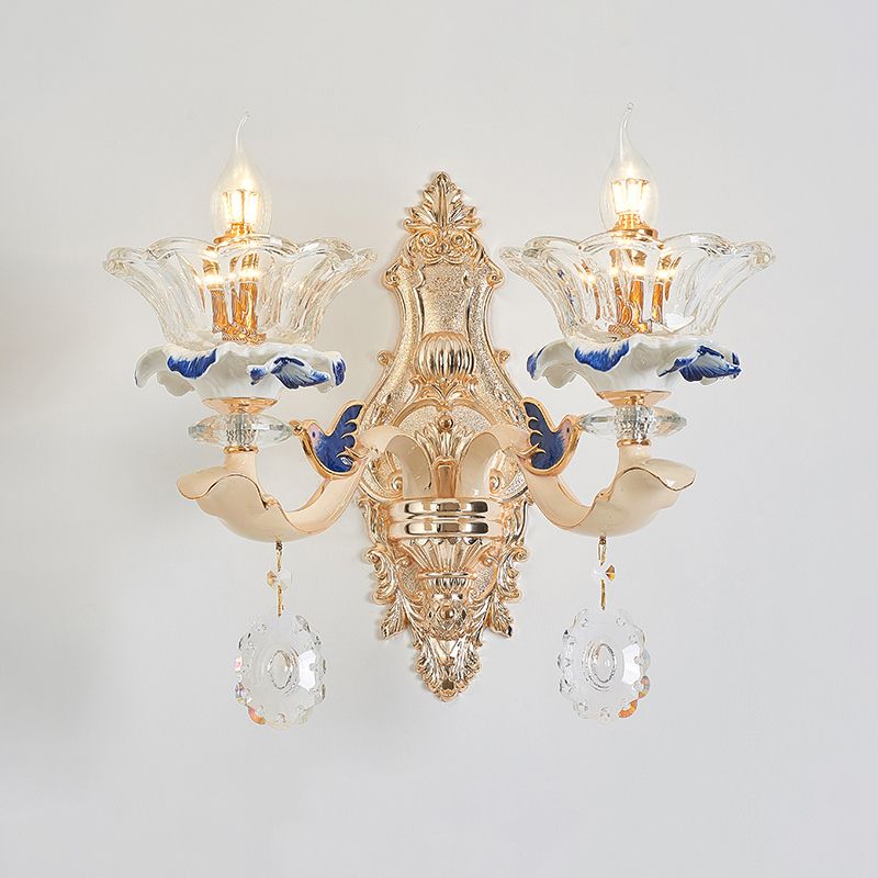 Flower Ribbed Glass Suspension Light Retro Style Living Room Chandelier Light with Crystal Draping in White