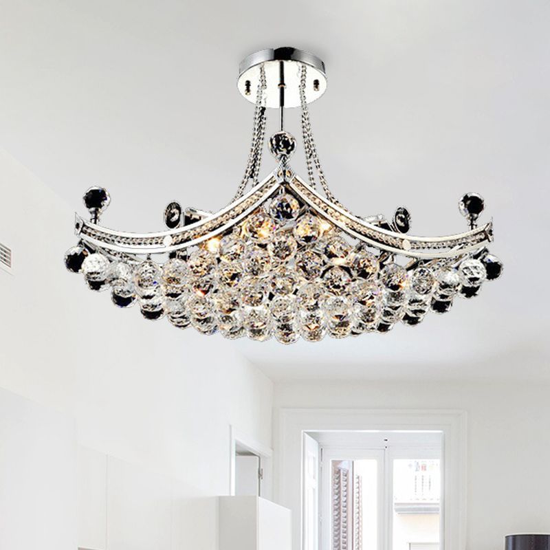 Chrome 6 Lights Semi Flush Light Modern Crystal Boat Shaped Semi-Flush Mount Ceiling Fixture