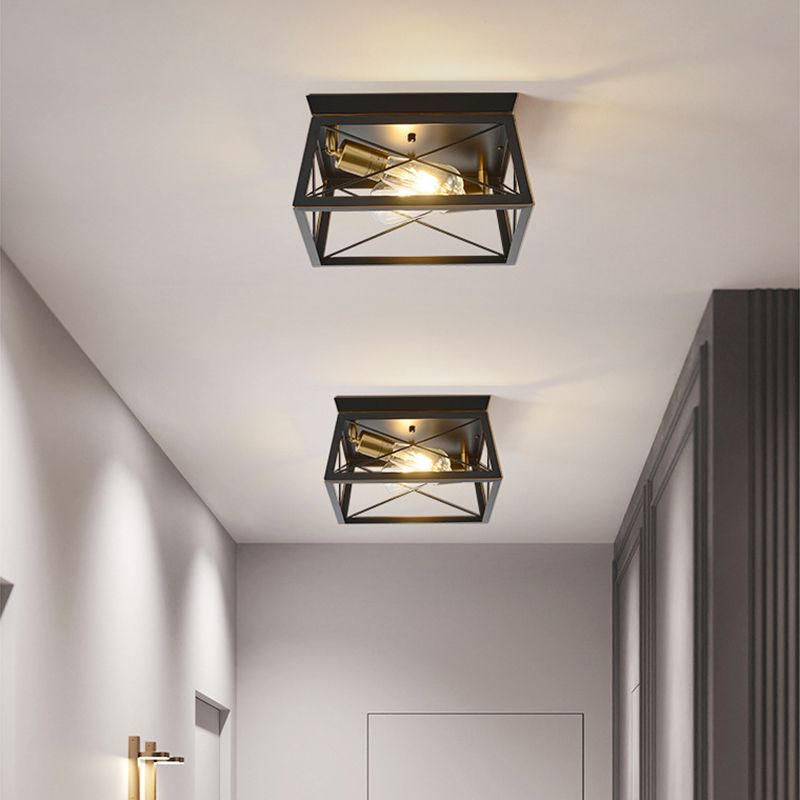 2-Lights Industrial Style Ceiling Light Rectangle Iron Cage Design Retro Flush Mount Lamp in Black