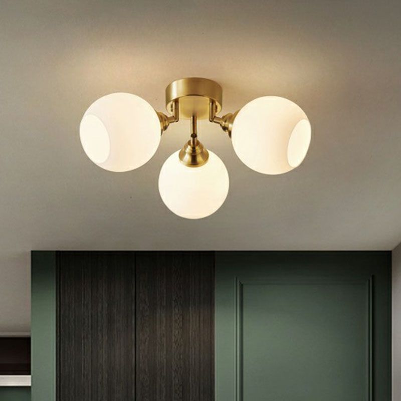 Milky Glass Dome Flush Mounted Light Postmodern Gold Plated Semi-Flush Ceiling Light for Bedroom