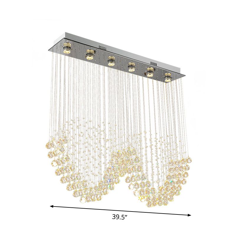 W Shaped Crystal Ceiling Lamp Modernism 6-Light Dining Room Flush Mounted Light in Stainless Steel