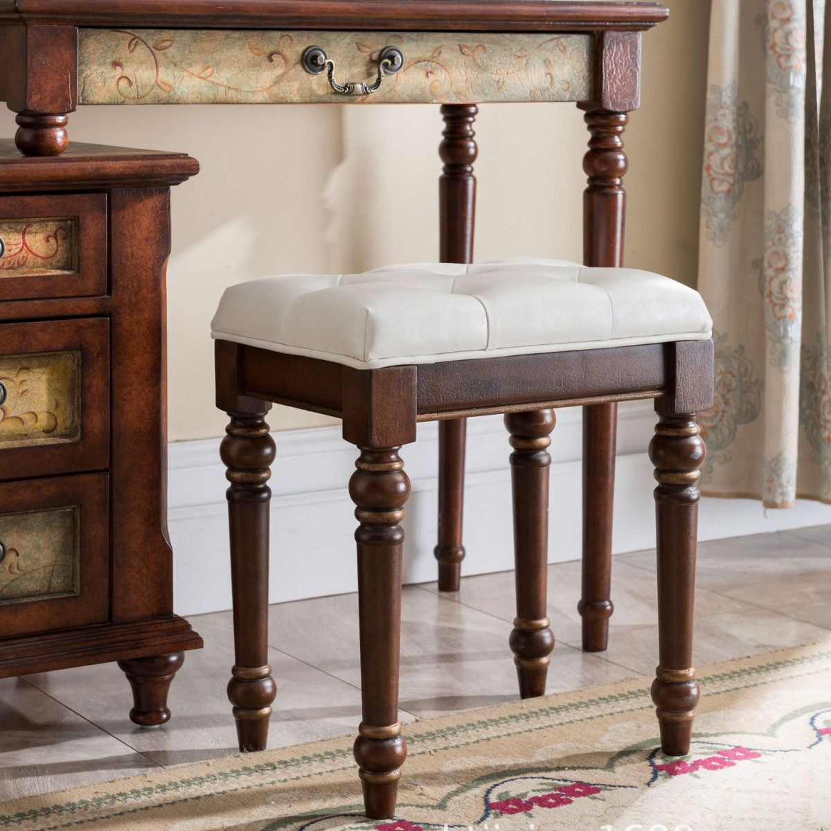 Victorian Wood Vanity and Stool Dressing Table with Storage Drawers