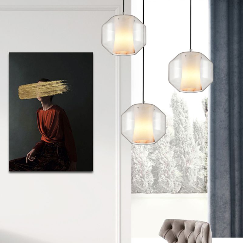 White Curved Pendant Light Modern Single Faux Marble Ceiling Suspension Lamp with Outer Cylinder/Lantern Clear Glass Shade