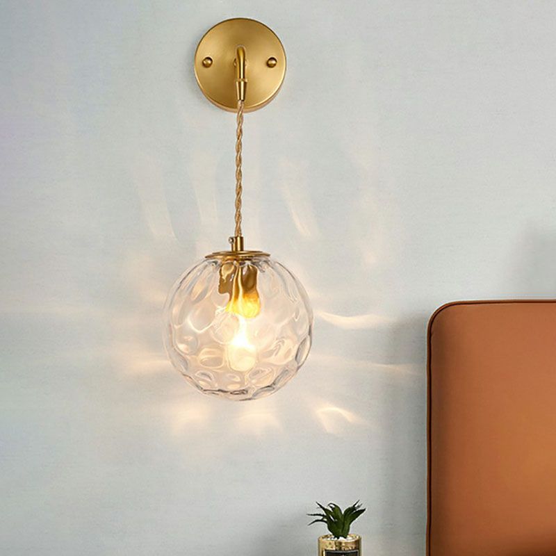 Minimalist Single-Bulb Wall Light Fixture Gold Ball Sconce with Hammered Glass Shade