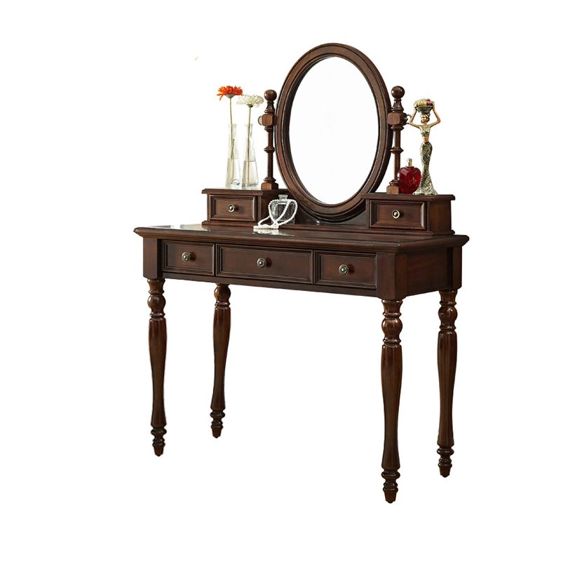 Mirrored Wood Makeup Dressing Table Stool Set in Brown Finish