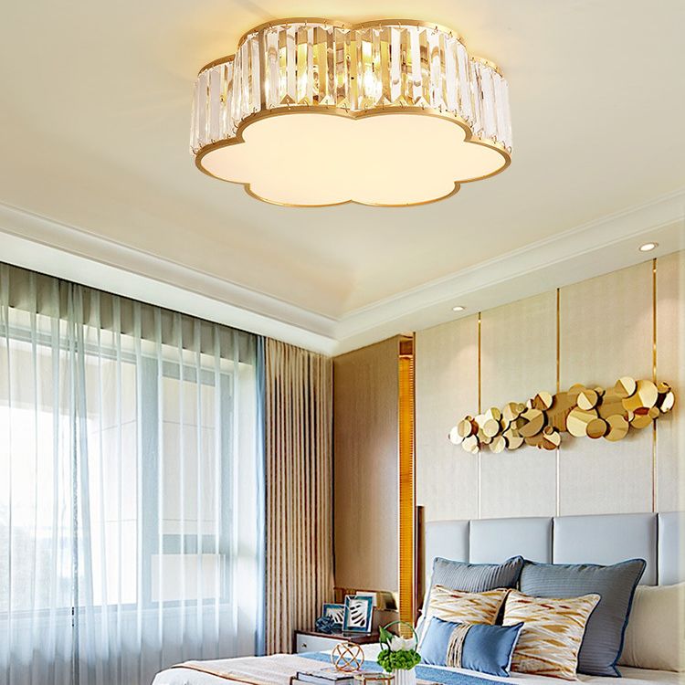 Plafonnier d'intérieur en cuivre à montage encastré pétaloïde de luxe colonial avec abat-jour en cristal