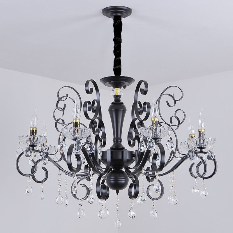 Black American Rustic Style Large Chandelier Vintage Candlestick Design Metal Pendant Light with Crystal Drops