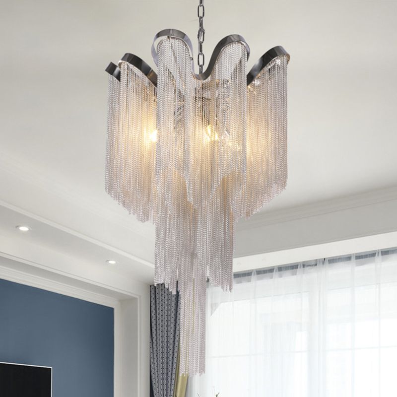 Tassel Metal Chandelier Modernist Nordic Style 4 Lights Silver Hanging Ceiling Light Fixture