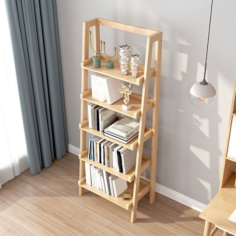 Modern Style Bookcase Rubber Wood Open Back Ladder Bookshelf for Home Office