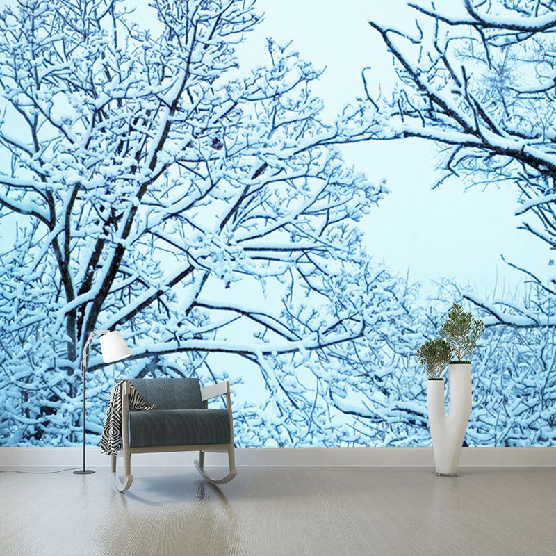 Modern Snowy Tree Branches Mural Blue Stain-Proof Wall Art for Living Room, Made to Measure