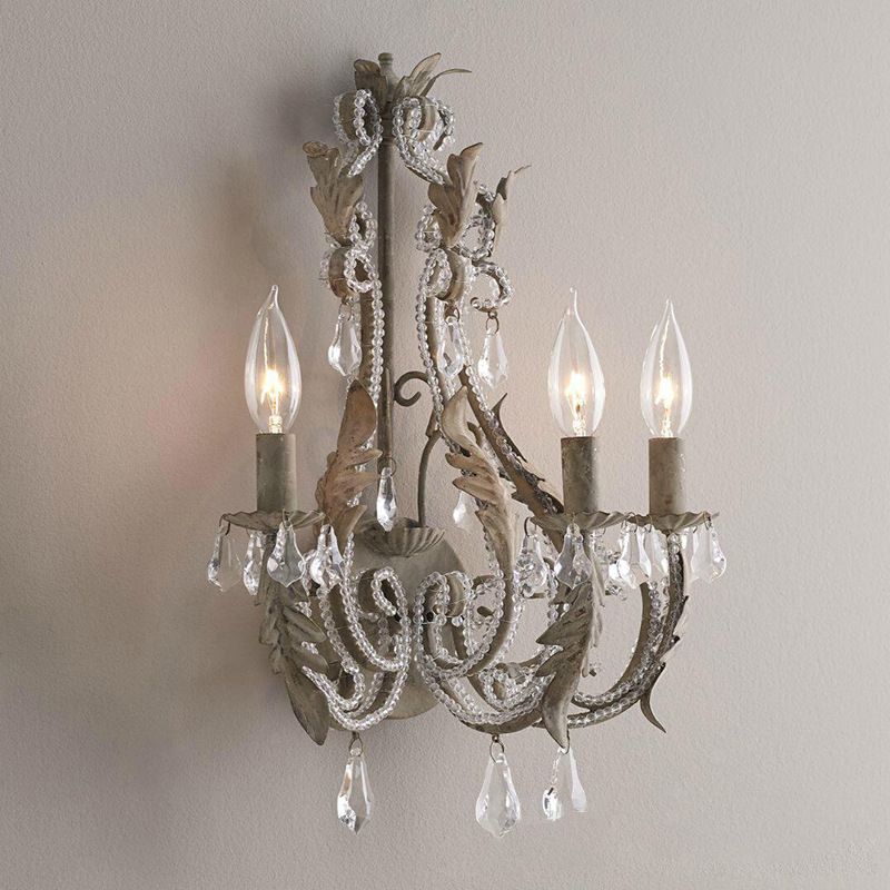 Rustic Curved Arm Wall Mount Light 3 Lights Grey/White/Distressed White Metal Sconce Light with Crystal Accent