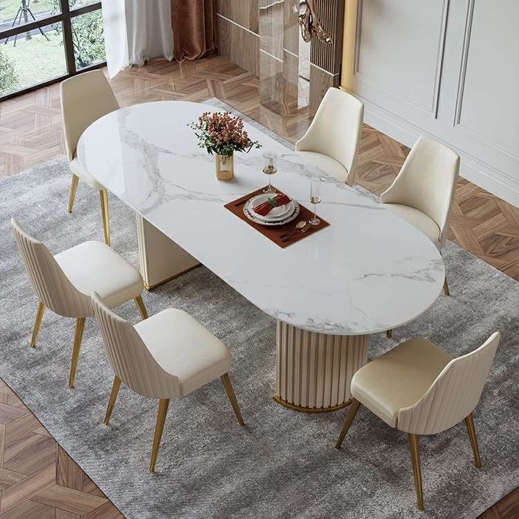 White Stone Dining Table Modern Oval or Free Form White Dining Table with Double Pedestal
