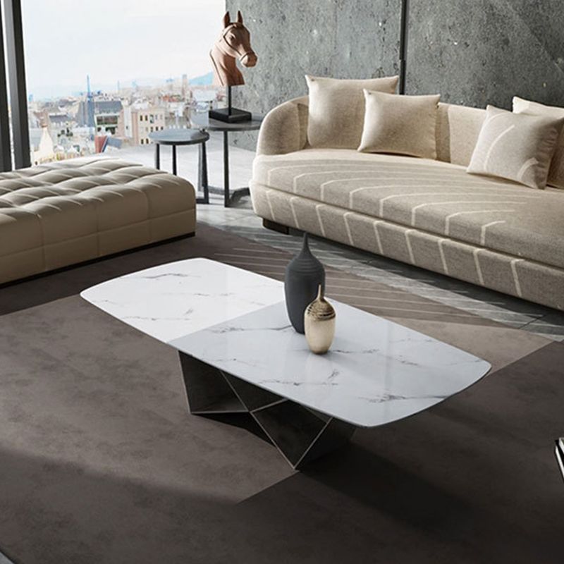 Glam Rectangle White Coffee Table with Marble Top and Steel Base