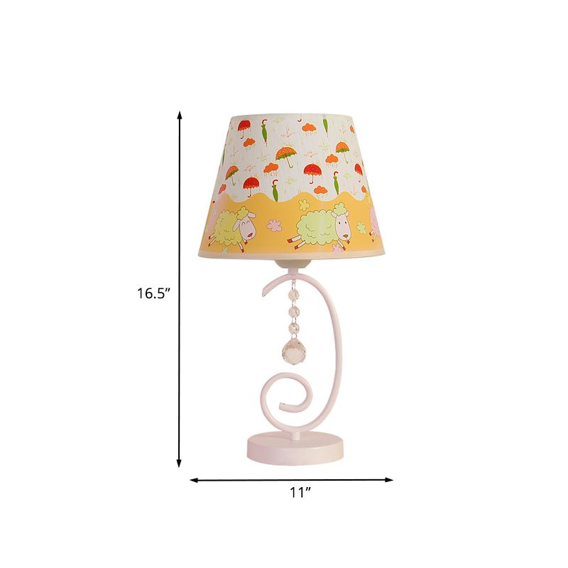 Barrel Bedroom Table Light Fabric 1 Bulb Cartoon Night Lamp in White with Crystal Drop and Sheep/Loving Heart/Elephant Pattern