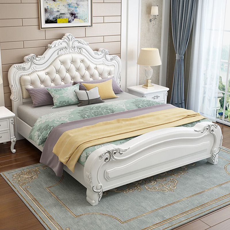 84.65 inch Wide Victorian Bed Frame Pine Wood Standard Bed with Upholstered Headboard