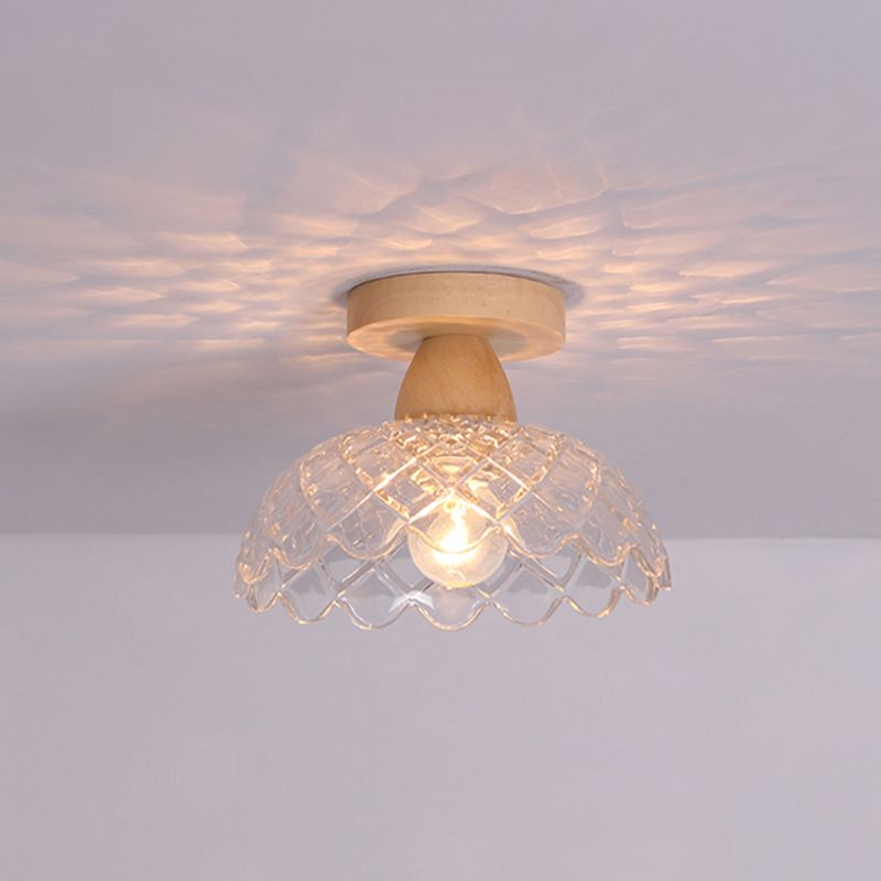 Simple 1-Light Ceiling Light Wooden Ceiling Mount Light with Glass Shade for Living Room