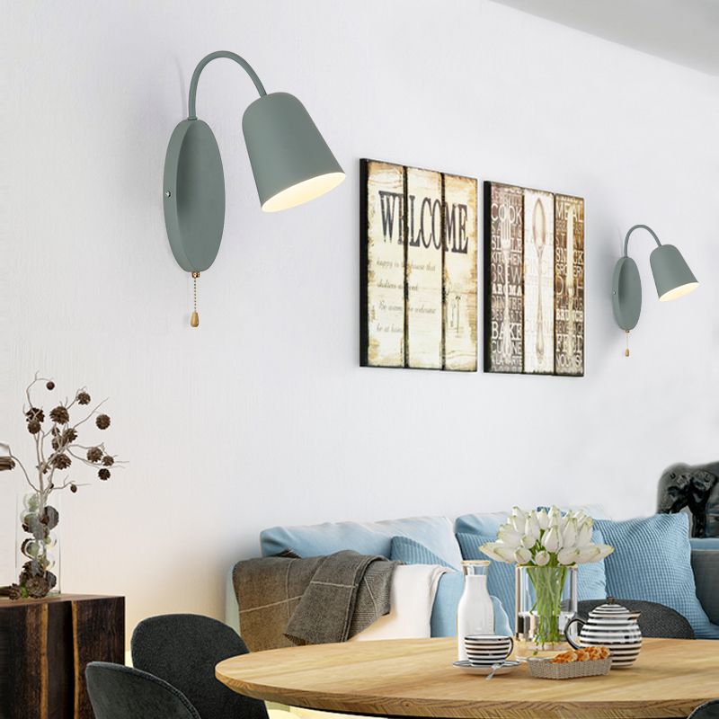 Modern Cone Sconce Light Fixture 1 Light Wall Mounted Lighting with Metal Shade and Pull Chain in Pink/Yellow/Blue/Green