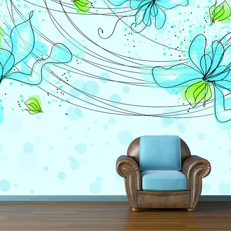 Whole Flower Wall Paper Mural Art Deco Lovely Bubbles Wall Covering in Blue and Green