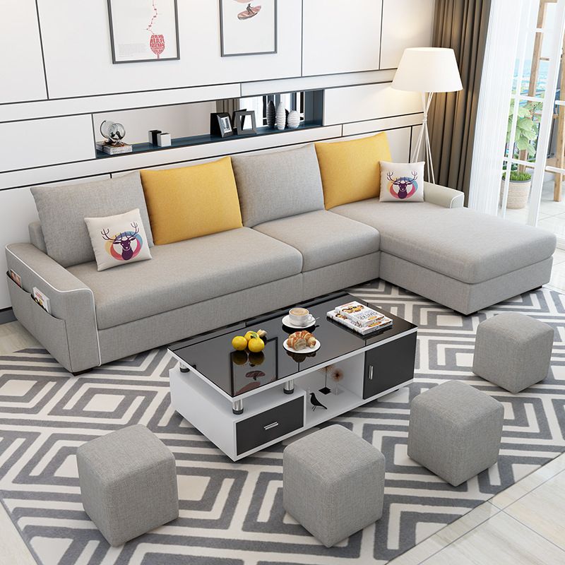 L-Shape Sofa Cushion Back Linen Blend Square Arm Sectional with Storage and Slipcovered