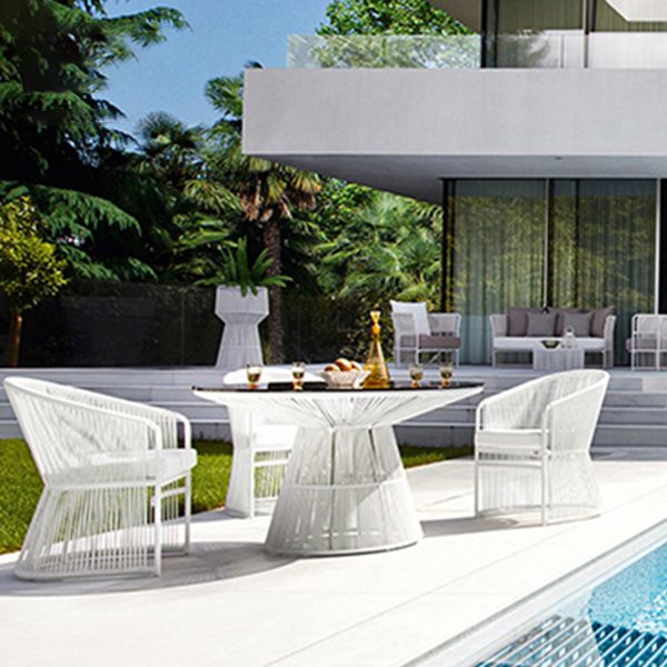 Industrial Glass Dining Table Round Outdoor Table with Pedestal Base